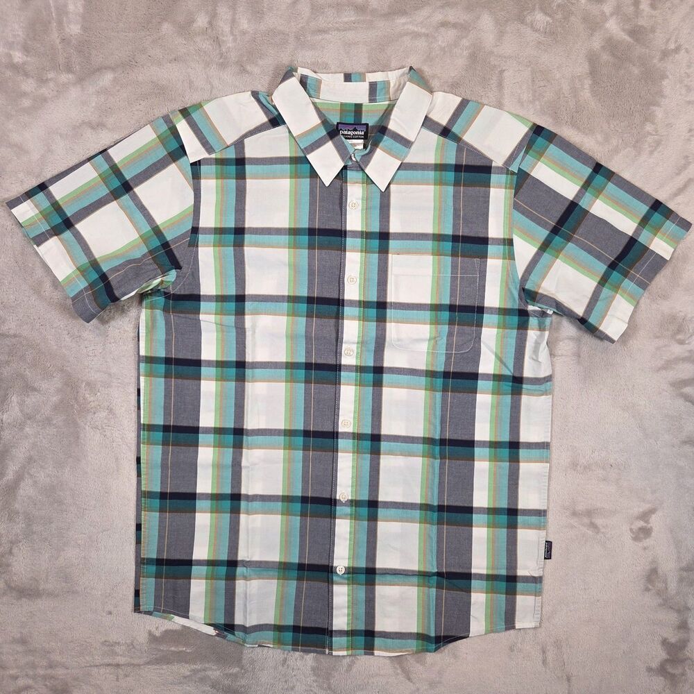 Patagonia Go To Shirt Mens Large Slim Plaid Blue Green Short Sleeve Button Up